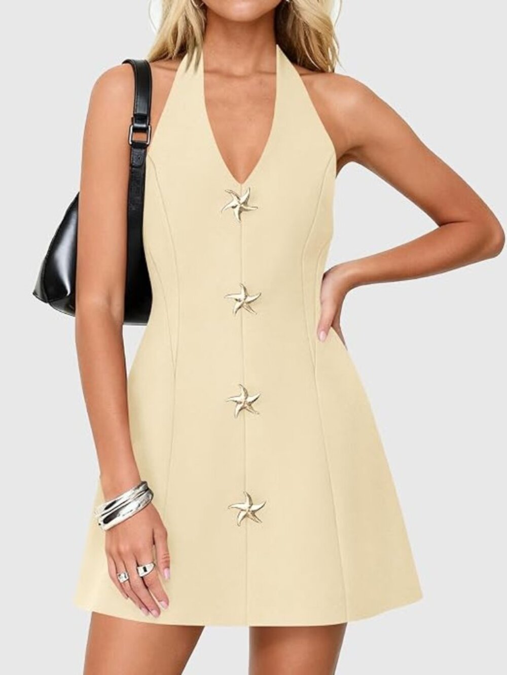 Sleeveless Halter Mini Dress in Cream with Star Button Detail